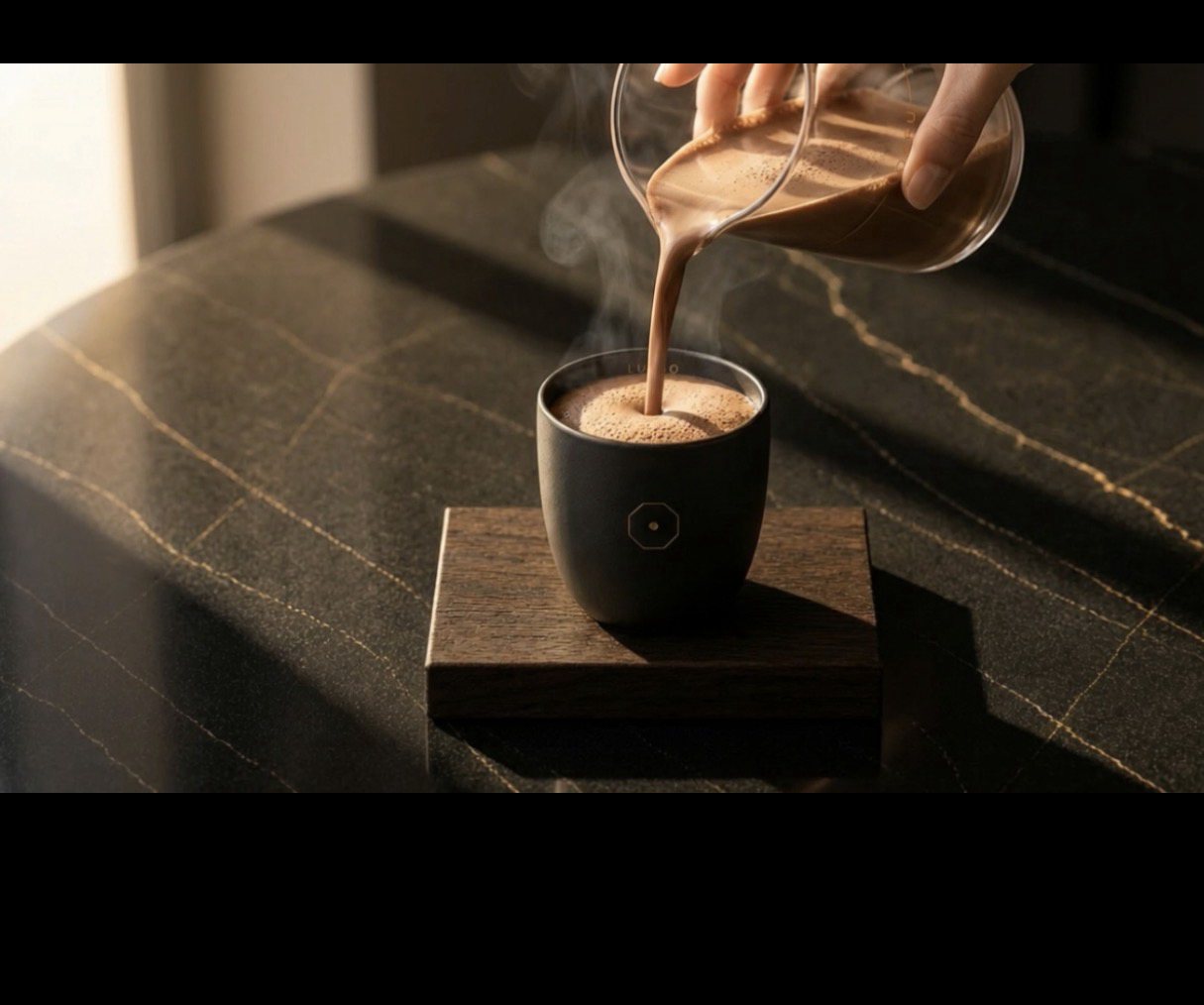 Warmer Kakao wird in eine schwarze Tasse eingeschenkt