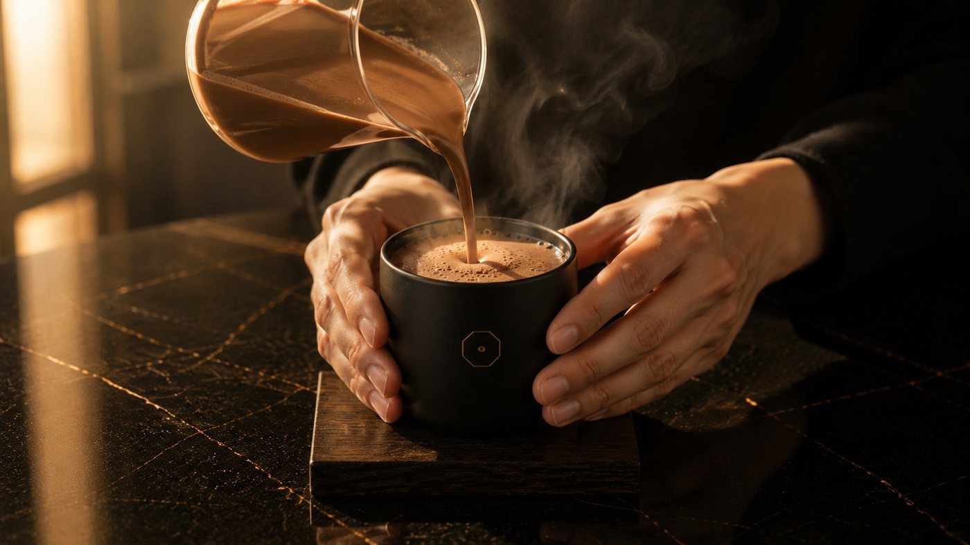 Fertiger LOARU Kakao wird in eine schwarze Tasse eingeschenkt